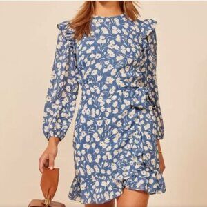 Reformation Quest Dress 4 Blue White Floral Long Sleeve Mini Ruffle Cottagecore